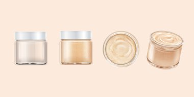 3D beauty product jar set isolated on beige background. Including jars filled with cream from different angle view, and empty one with closed lid.