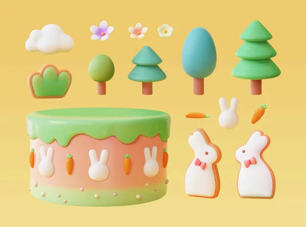 3D插图复活节元素集隔离在浅黄背景 包括云 胡萝卜 层状蛋糕和兔形糖饼干 — 图库矢量图片