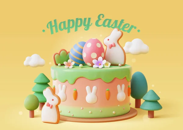 3Dは幸せなイースターポスターを描いた 塗装卵 ウサギの砂糖クッキー ニンジン ウサギの頭のバタークリームの装飾が施された層ケーキ薄い黄色の背景 ベクターグラフィックス