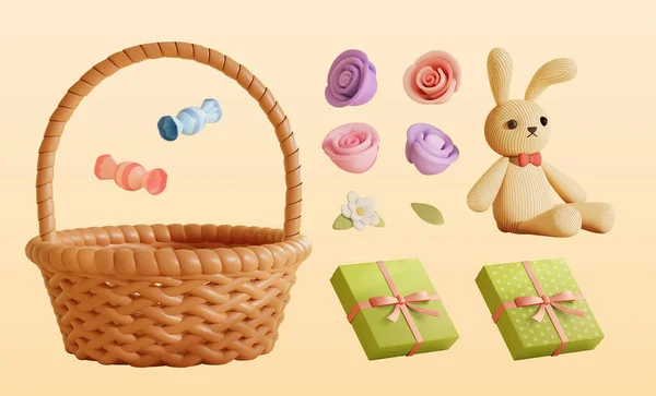 3D愛らしいイースター要素セット バスケット キャンディー ギフト コーデュロイウサギのぬいぐるみを含む — ストックベクタ
