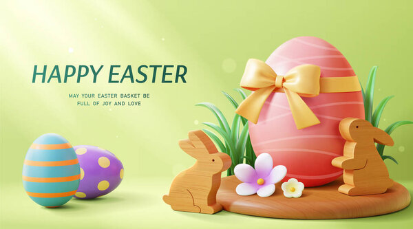 3D illustrated Easter poster. Giant painted egg with bow on wooden stage with rabbit ornament on apple green background.