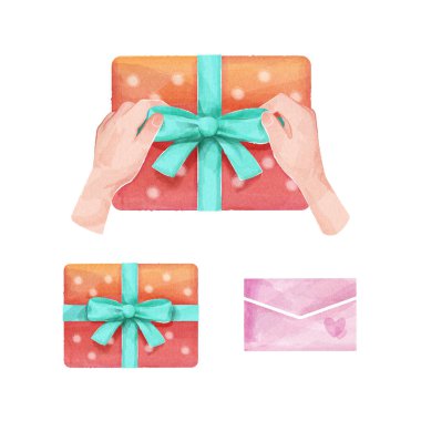 Suluboya hediye ögesi beyaz arkaplanda izole edildi. Hediye için yay, mektup ve paketlenmiş hediye bağlayan eller de dahil..