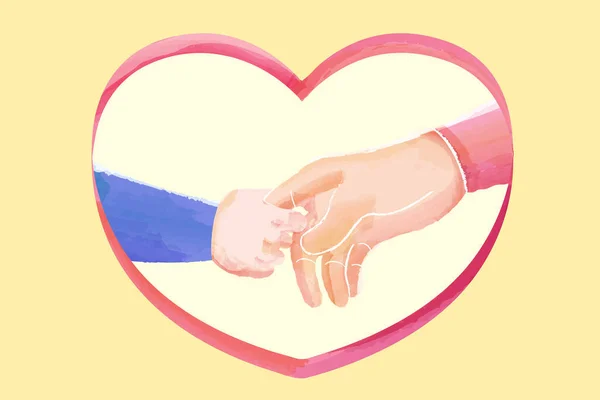 Akvarell Illustration Barnets Hand Håller Förälderns Finger Hjärtat Ram Ljusgul — Stock vektor