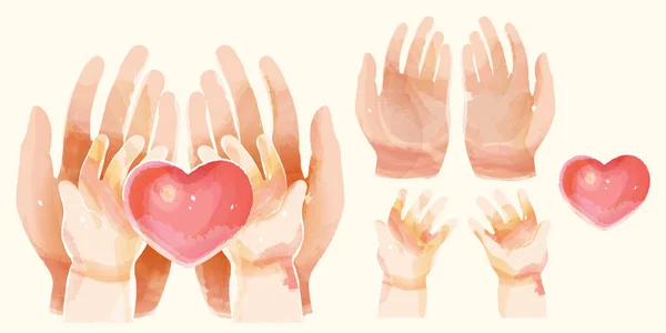 水彩画手牵着心脏隔离在浅浅的米色背景 包括成人 儿童和心脏的手掌 — 图库矢量图片