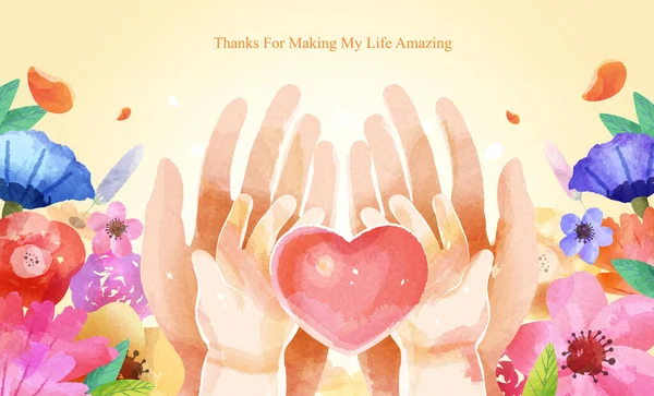 Ilustracja Akwareli Dnia Matki Mama Trzyma Dziecko Rękę Sercem Dłoniach — Wektor stockowy