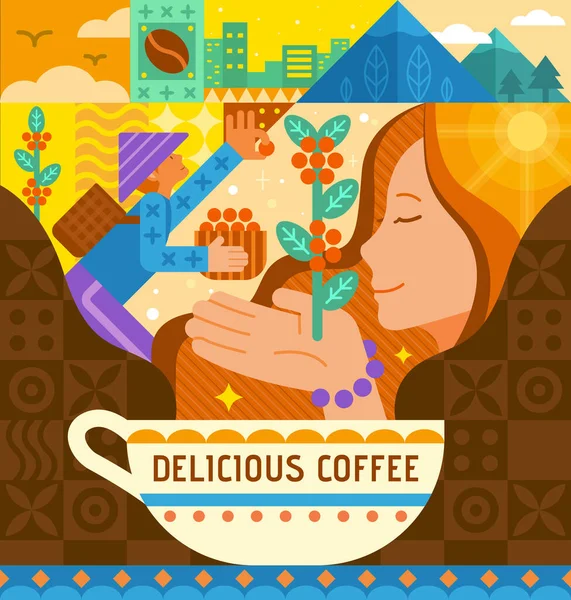 幾何学的なスタイルで現代世界のコーヒーの日のポスター 収集農家の女性の香りの植物を示すコーヒーカップからの香り — ストックベクタ