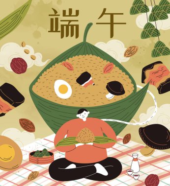 Piknik minderinde oturmuş dev zongzi ve malzemelerle geleneksel Ejderha Botu festivali yemeklerini yiyor. Metin: Duanwu tatili.