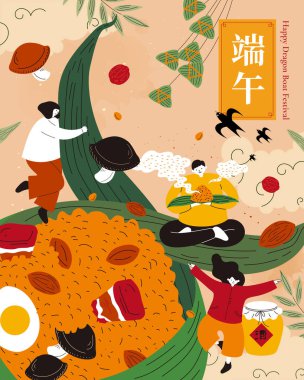 Duanwu tatil posteri. Minyatür insanlar ve bej gökyüzünde süzülen zongzi, rüzgarda sallanan pirinç köfteleri. Metin: Ejderha Teknesi Festivali. Şarap..