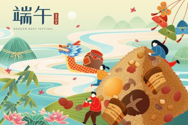 Dev zongzi dağının etrafındaki küçük yüzsüz insanlar. Dönen nehir manzarası arka planında şarap vazosu olan ejderha teknesi. Metin: Ejderha Teknesi Festivali. 5 Mayıs.