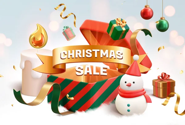 3Dクリスマスプロモーションポスター 雪だるまとキャンドルの間に開かれたギフトボックスの上に浮かんでいるクリスマスの販売リボン 白いふわふわの床と薄青の背景にボケ効果あり — ストックベクタ