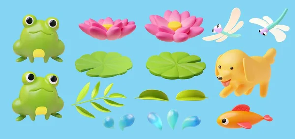 3D卡通池塘动物和植物元素集隔离在浅蓝色背景 包括青蛙 树叶和水滴 — 图库照片