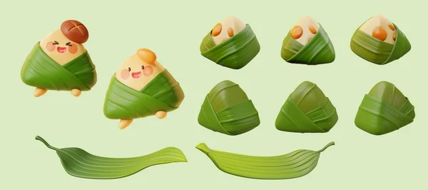 3D卡通米饺子集孤立在薄荷绿色背景 包括有可爱脸蛋的宗子 包裹着 一半包裹着 还有竹叶 — 图库照片