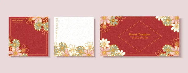 かわいい赤と白の花のテンプレートセットドットテクスチャの背景 — ストックベクタ