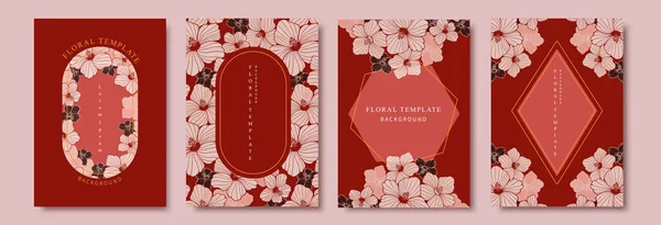Modèle Floral Rouge Esthétique Avec Hibiscus Style Ligne — Image vectorielle