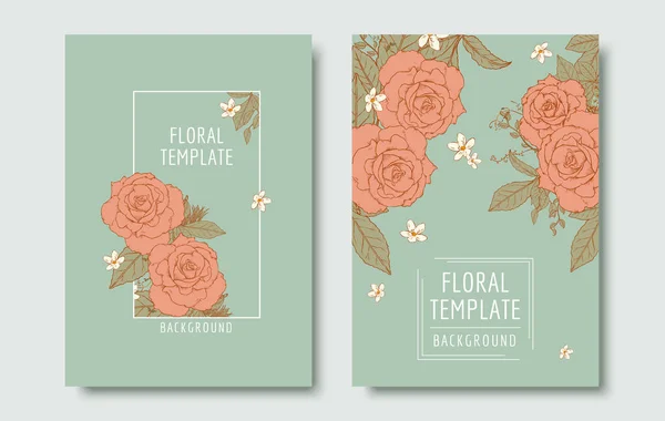 Set Brochure Floreali Stile Inciso Rose Vintage Fiori Bianchi Sfondo — Vettoriale Stock