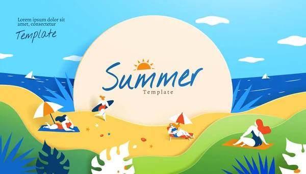 Paper Art Style Summer Template Women Sunbathing Going Surfing Beach — Stock Vector