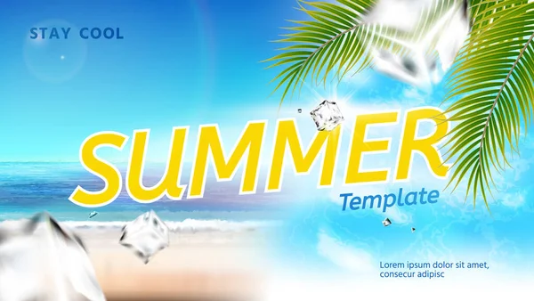 Realistic Stay Cool Summer Template Text Flying Ice Cubes Beautiful — Stock Vector