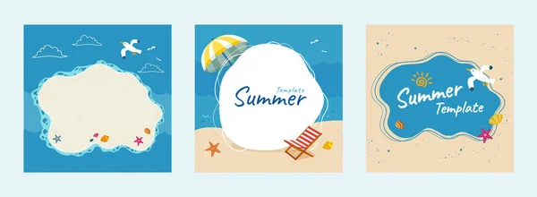 Handgezeichnetes Sommerschablonen Set Verschiedene Blickwinkel Strandseite Mit Kopierraum — Stockvektor