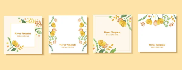黄色の遊び心のある花のテンプレートセット 白またはライトベージュの背景にドードルスタイルの黄色とオレンジの花や葉の枝 — ストックベクタ