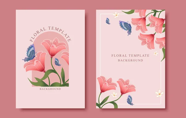 Roze Lelie Brochure Set Vlinders Rond Roze Lelies Lichtroze Achtergrond — Stockvector