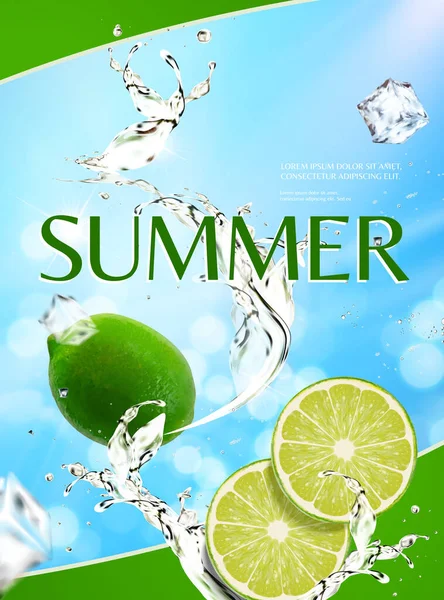 Реалістичний Літній Шаблон Вапна Бризки Води Зеленою Межею Світло Блакитним — стоковий вектор