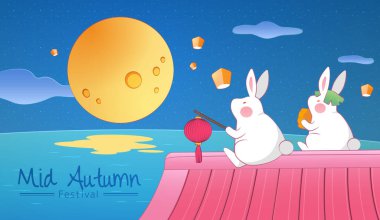 Cute Mid Autumn festival greeting card. Bunnies sitting on roof top at the waterfront watching giant full moon and sky lanterns. clipart