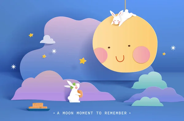 ペーパーアート 秋の祭りカード ポンポロの帽子とモンコケのバニーは スマイリーフェイスと上に横たわるウサギで満月を見ています ライトブルーの背景にカラフルな勾配雲 — ストックベクタ