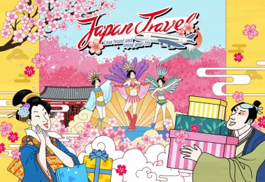 Tapınak ve kiraz çiçeklerinin önünde insanların karnaval sergilediği Ukiyo ve Japonya tatili posteri..