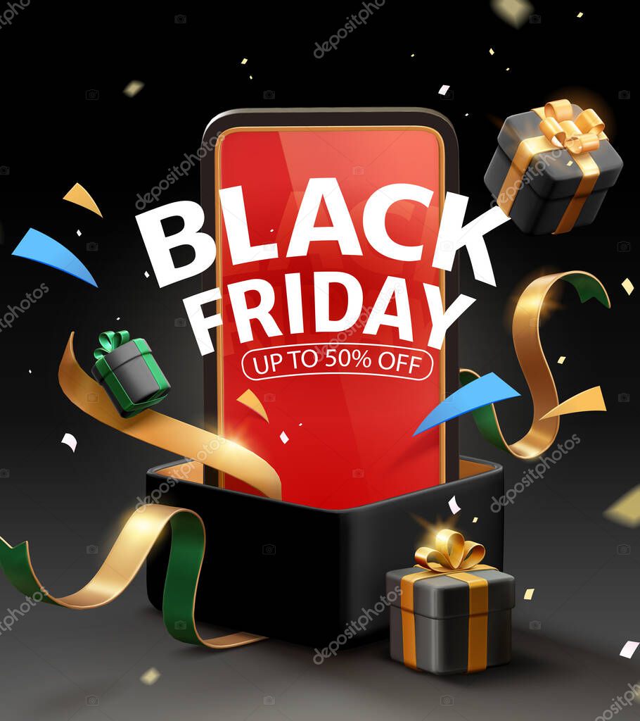 3D Black Friday promo. Phone, gifts and confetti popping out from surprise box on black background.