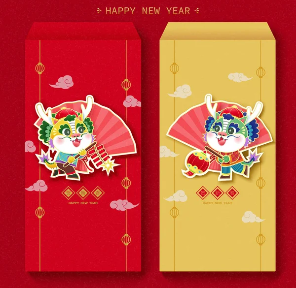 CNY çizgi film ejderhası kırmızı zarf şablonu kırmızı arkaplanda izole edildi..