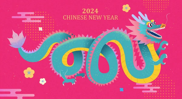 Vibrant Dragon Tordu Sur Fond Rose Avec Motif Style Oriental — Image vectorielle