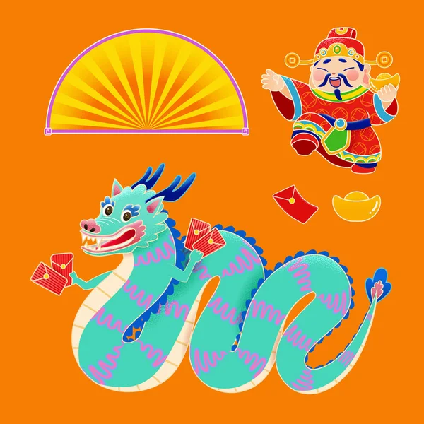 Dieu Richesse Dragon Décoration Cny Isolé Sur Fond Orange — Image vectorielle
