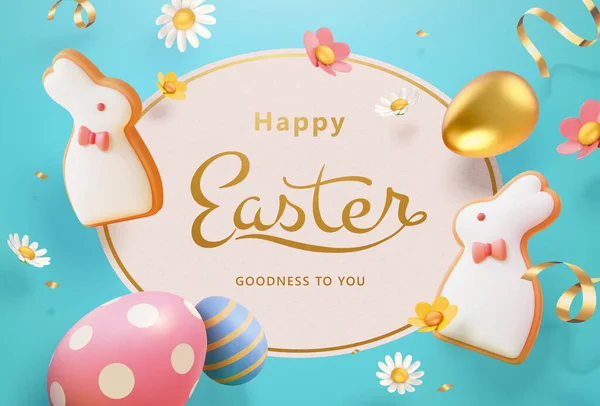 Velikonoční Plakát Konfety Květy Zajíčkové Sušenky Vejce Létající Světle Modrém — Stockový vektor