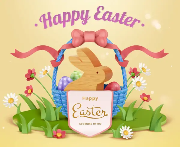 Cesta Pascua Con Huevos Pintados Conejo Madera Podio Temático Del — Archivo Imágenes Vectoriales