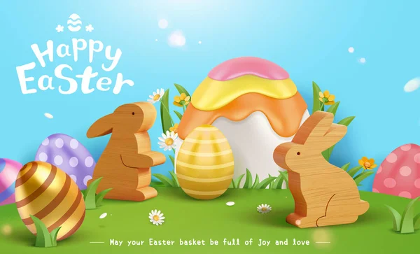 Plakat Wielkanocny Drewnianymi Królikami Malowanymi Jajkami Łące Dzikimi Kwiatami — Wektor stockowy