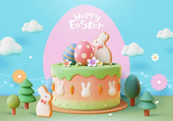 带彩绘鸡蛋和兔子糖饼干的三维复活节主题蛋糕 背景为自然 — 图库矢量图片#