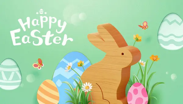 带木兔的3D复活节贺卡和浅绿色背景的纸制艺术彩蛋 — 图库矢量图片#