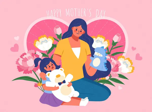母の日カード 花とハートでピンクの背景でのスイートママと娘の相互作用 — ストックベクタ