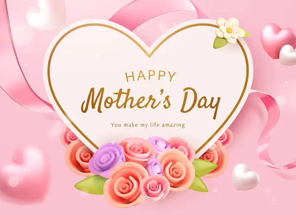 Karta Kształtu Serca Dzień Matki Róż Jasnoróżowym Tle Wstążką Pływające — Wektor stockowy