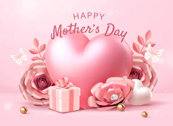 3D节母亲节模板 巨大的心被玫瑰和浅粉色背景的礼物包围着 — 图库矢量图片#