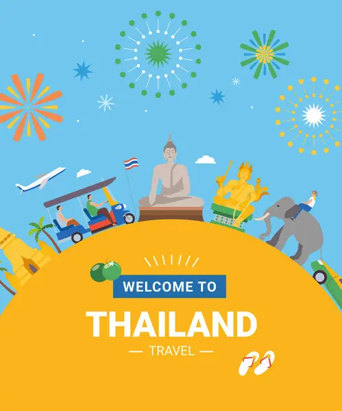 Selamat Datang Thailand Poster Bepergian Atraksi Terkenal Permukaan Dunia Kuning - Stok Vektor