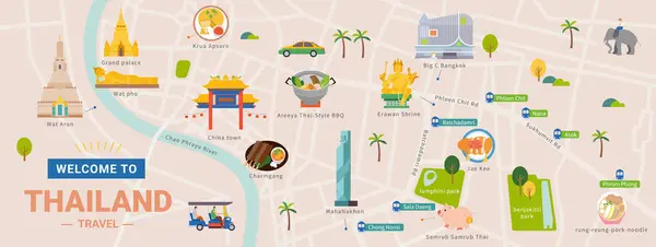 Thaïlande Bannière Carte Touristique Avec Des Attractions Célèbres Répandant Travers — Image vectorielle
