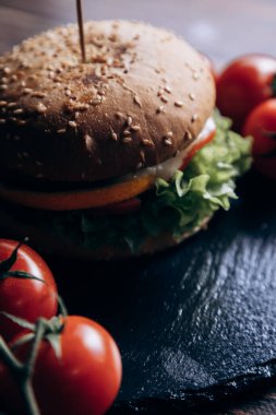 Fresh tasty grilled burger with meat, tomato and lettuce lie on plate. Meat cutlet, tomatoes, cucumber, lettuce and sesame seeds. Fast food concept. junk food