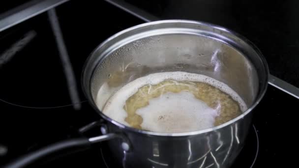 Buckwheat Porridge Cooked Metal Saucepan Kitchen Cooking Food Induction Cooker — Video