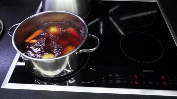 Water Boils Steel Pot Vegetables Boiled Salad — Stock Video
