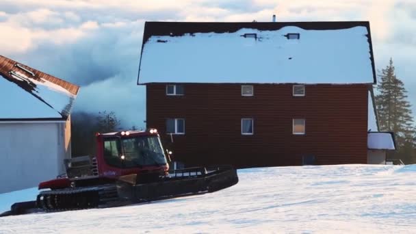 Ukraine Dragobrat Morning Mountains Ratrak Clears Snow Snowboarding Track — Stock Video