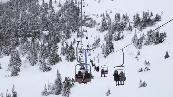 23乌克兰德拉古布拉特 滑雪者乘坐滑雪车 滑行在喀尔巴阡山雪山上 — 图库视频影像