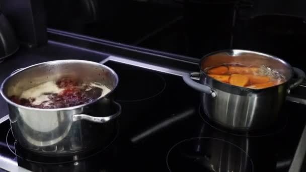 電気ストーブの上で鍋に水を沸かす 鉄鍋で煮込んだ赤いビートの根 — ストック動画