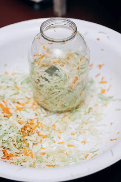 Cooking Sauerkraut Home Glass Jar Stands Shredded Cabbage — Stock Photo, Image