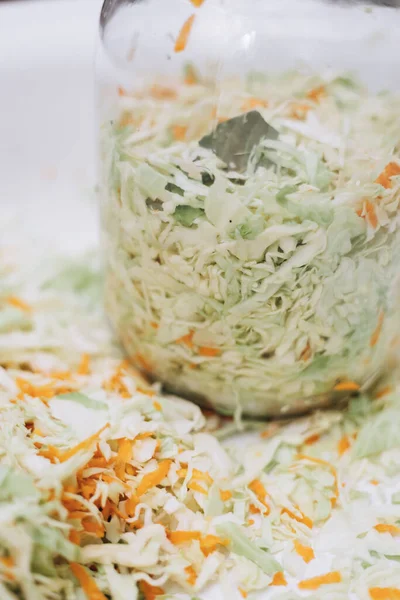 Cooking Sauerkraut Home Glass Jar Stands Shredded Cabbage — Stock Photo, Image
